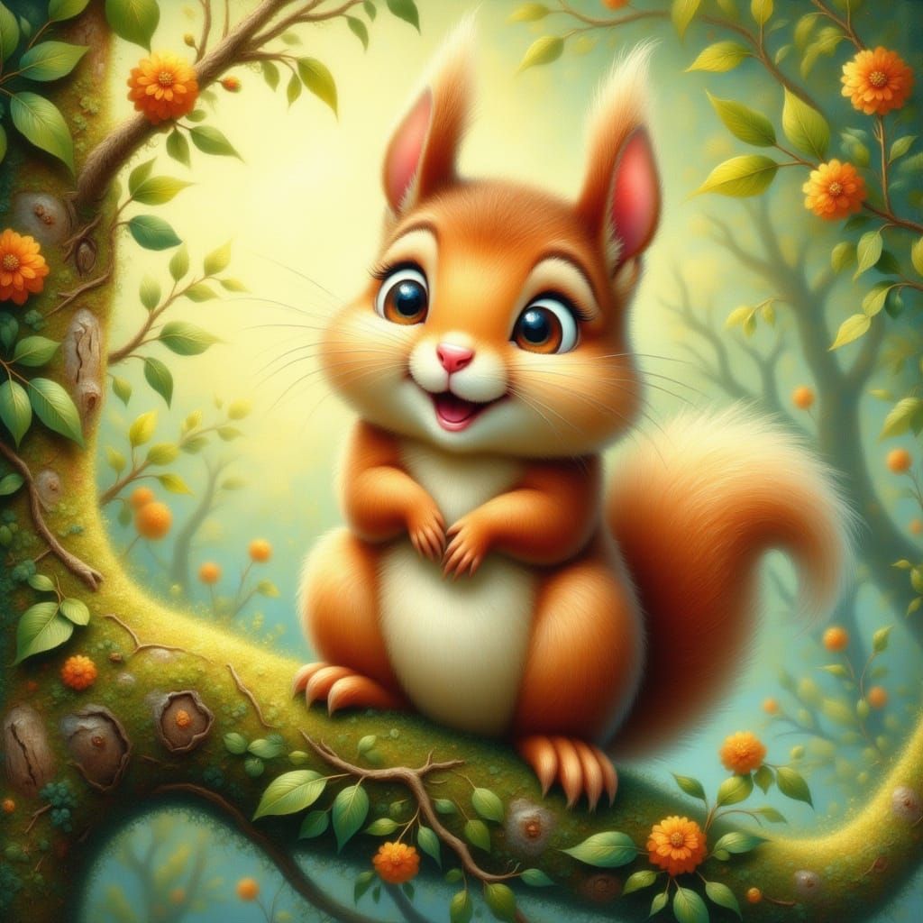 Adorable Squirrel Smiles on Mossy Branch in Storybook Style