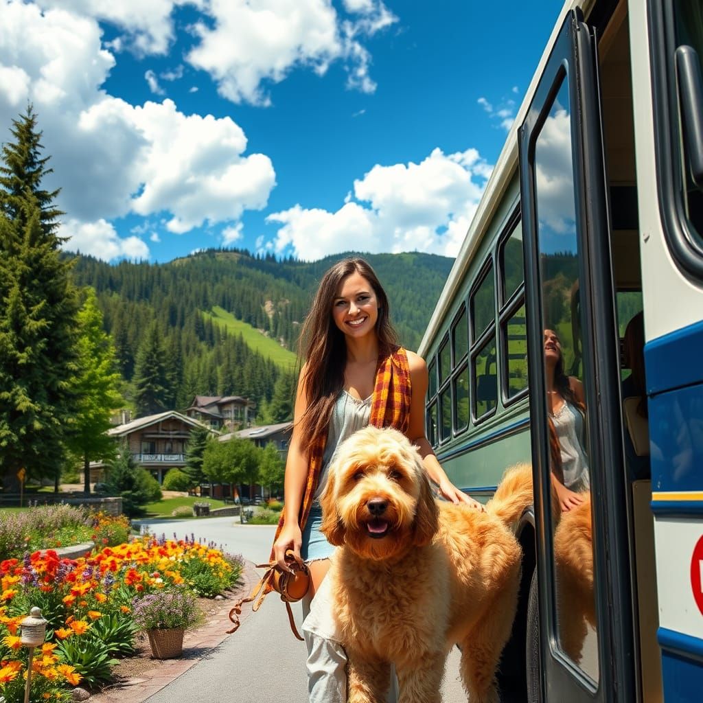 Woman and Dog Boarding Bus in Mountain Village