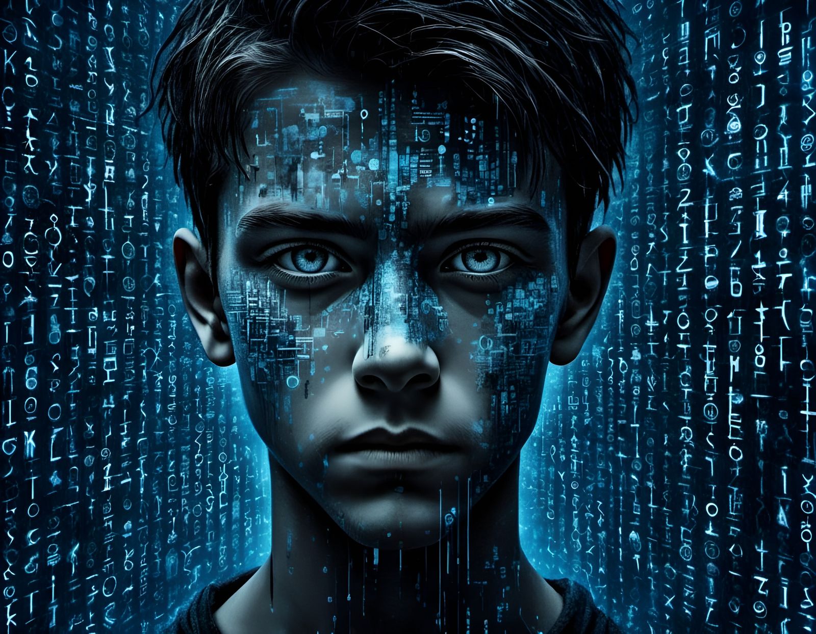 Cyberpunk Boy Silhouette in Matrix Code Style