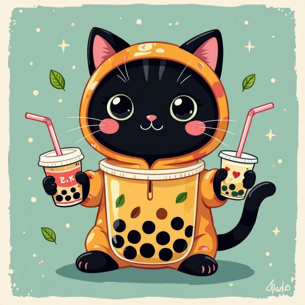Cat in Boba Tea Costume, Cartoon Style