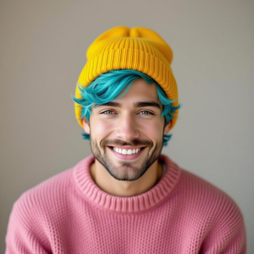 Cyan Haired Man in Pink Sweater and Yellow Beanie