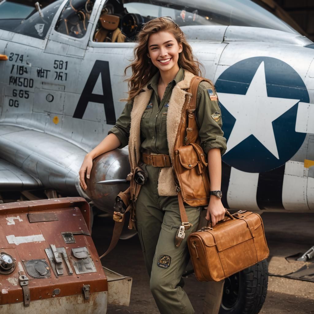 Smiling Pilot in Front of P-51 Mustang Aircraft