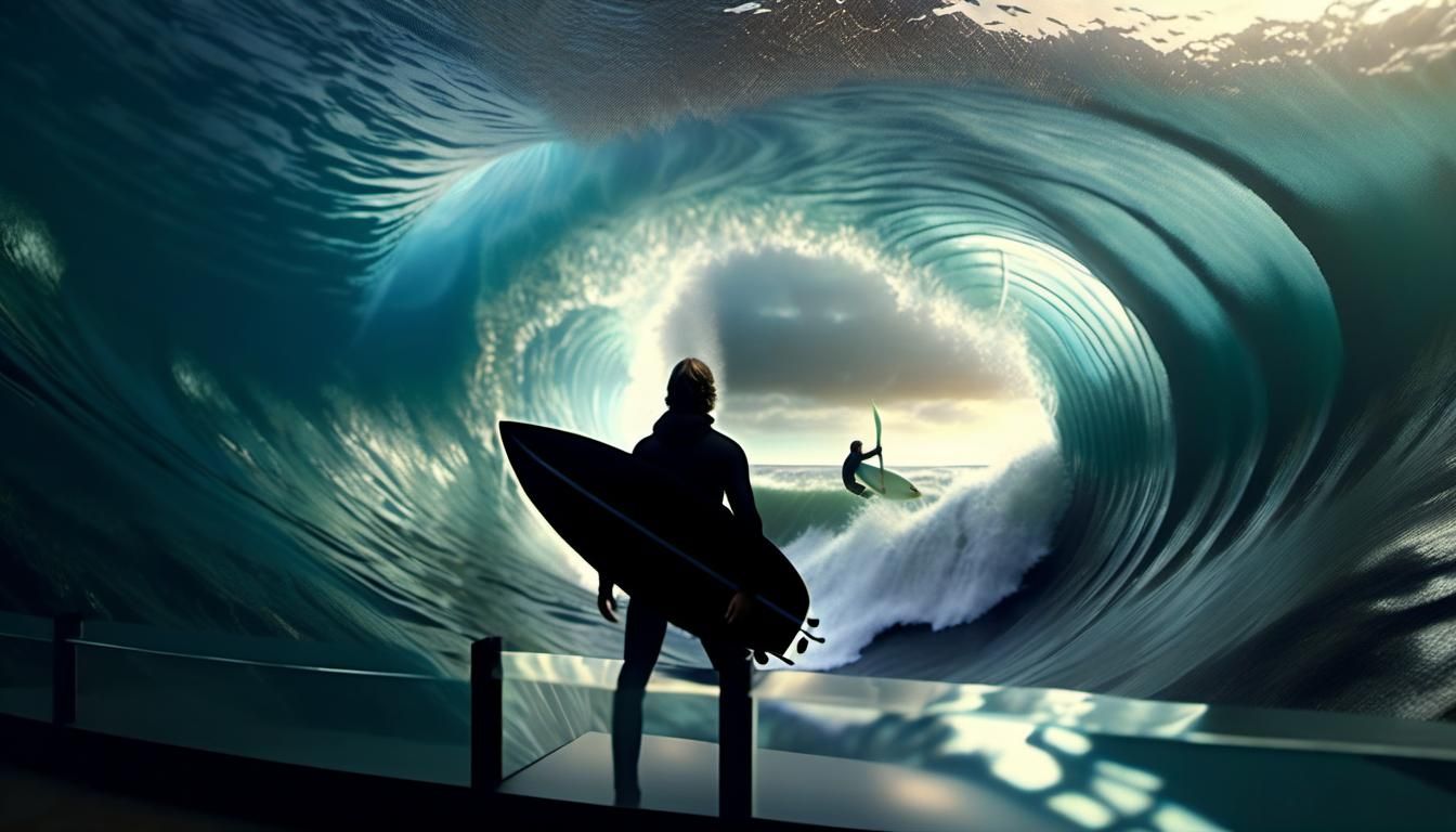 Surfer in Glass Tank Riding Epic Wave