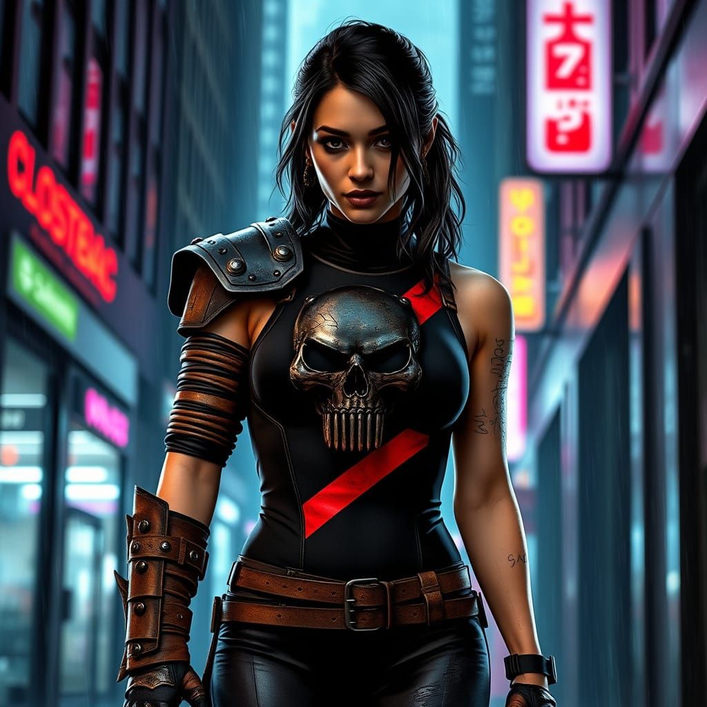 Cyberpunk Warrior in Rain-Slicked Alley