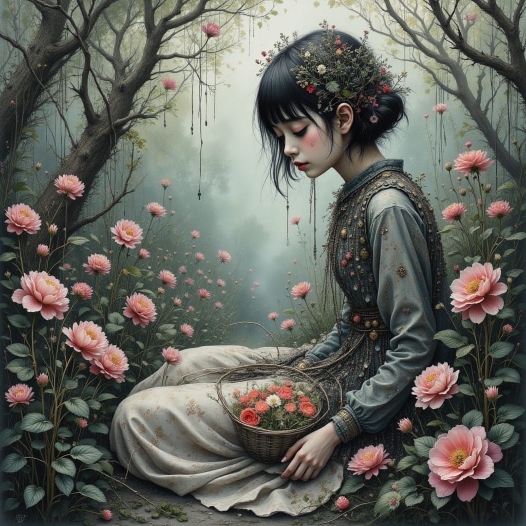 Melancholy Daughter in Surreal Circuit Garden