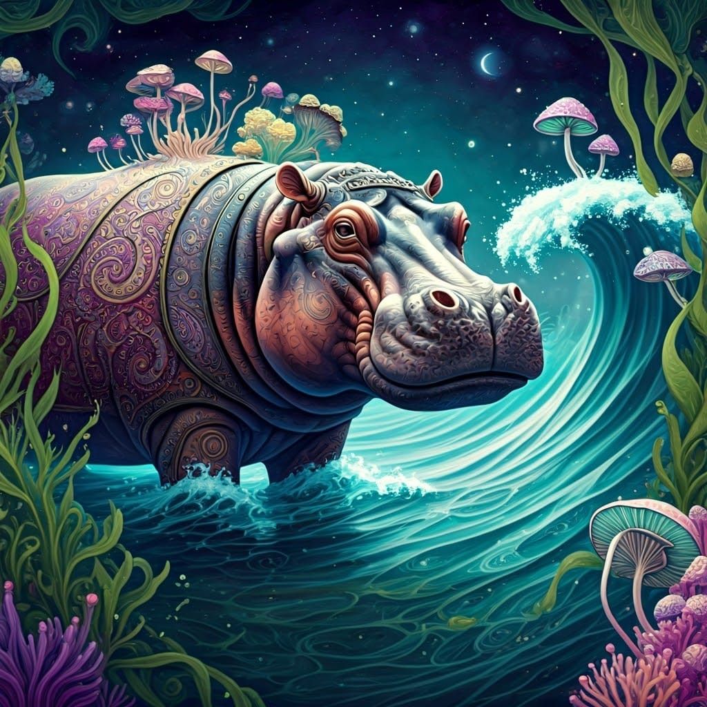 Ethereal Steampunk Hippo in Vibrant Oil-and-Watercolor Style