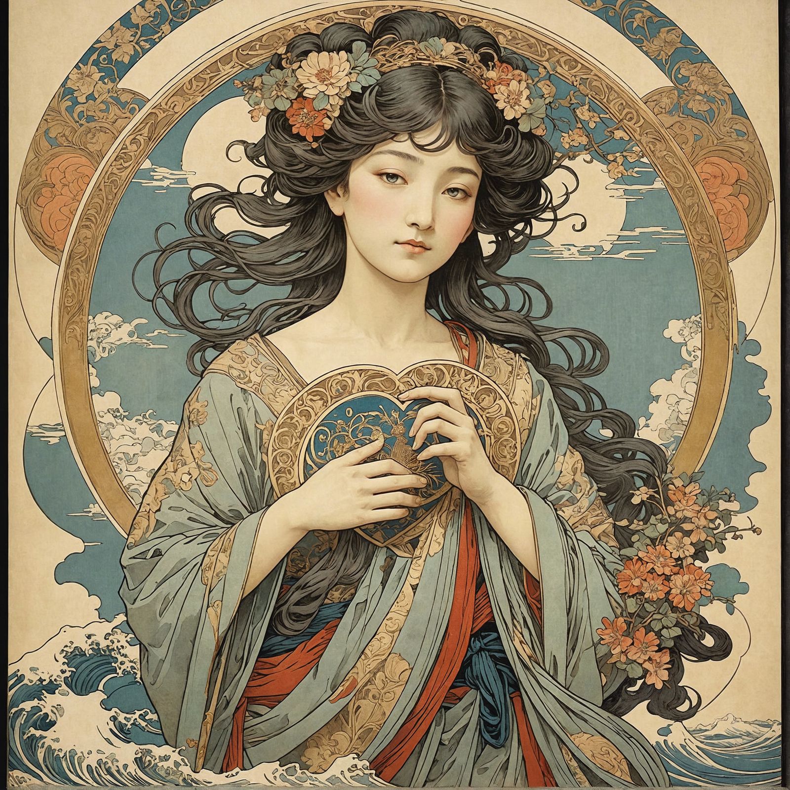 16k resolution, art by Gustave Doré, Alphonse Mucha, Katsushika Hokusai, goddess of love, heart-shaped hieroglyphics ado...
