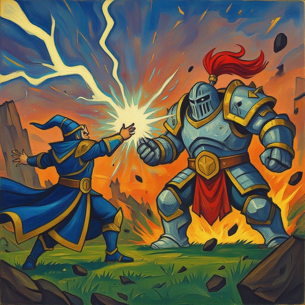 Electro Wizard Unleashes Lightning on Armored Warrior