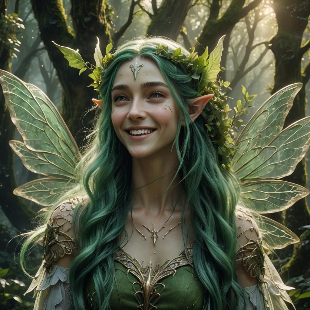 Laughing Half-Elven Fairy in Enchanted Forest