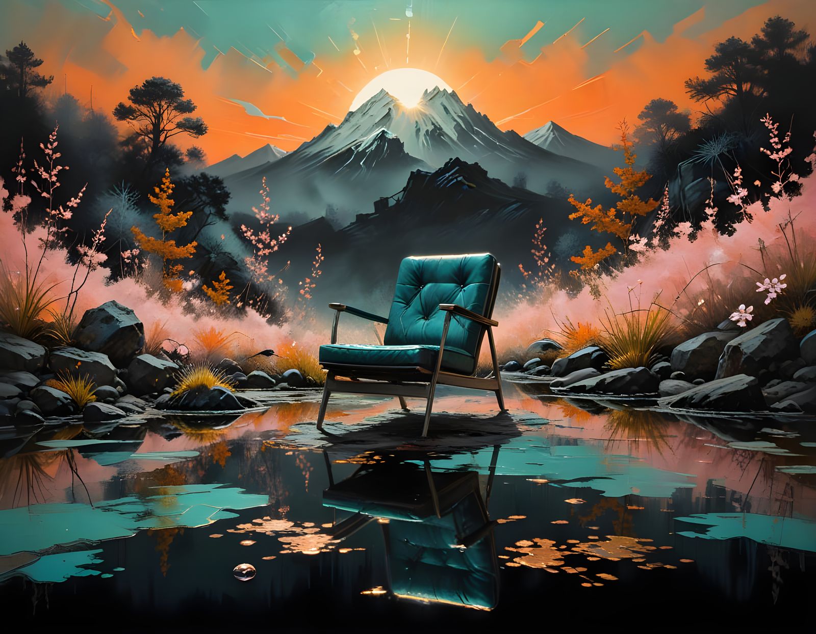 Ikebana with 1950s Leather Chair in Sumi-e Style