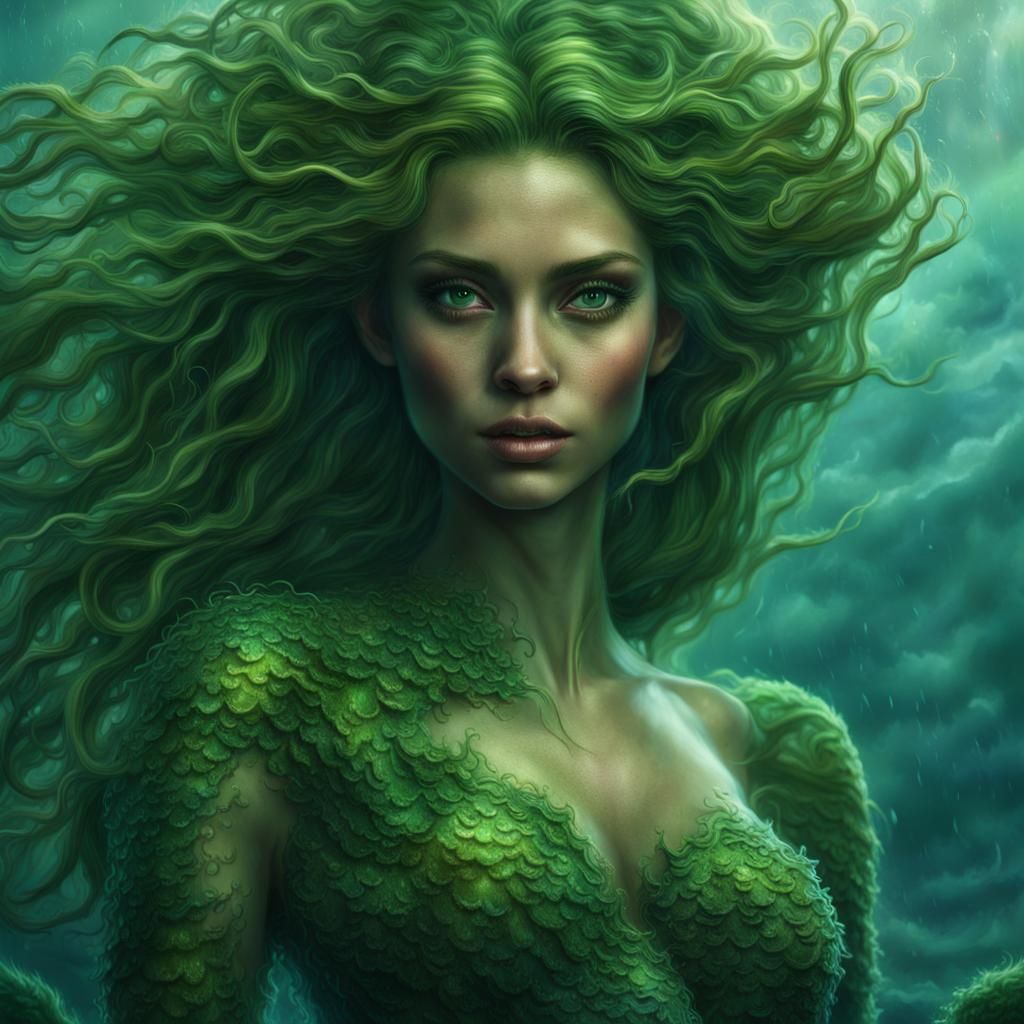 Iridescent Green Mermaid Siren in Stormy Ocean
