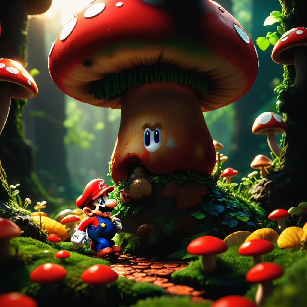 Hyper-Realistic 3D Rendering of Mario Collecting Coins in a....