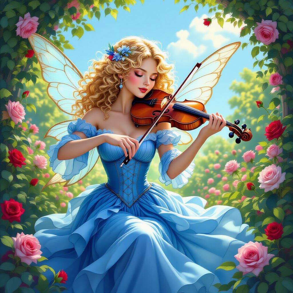 Fairy Violinist in Rose Garden: Whimsical Art