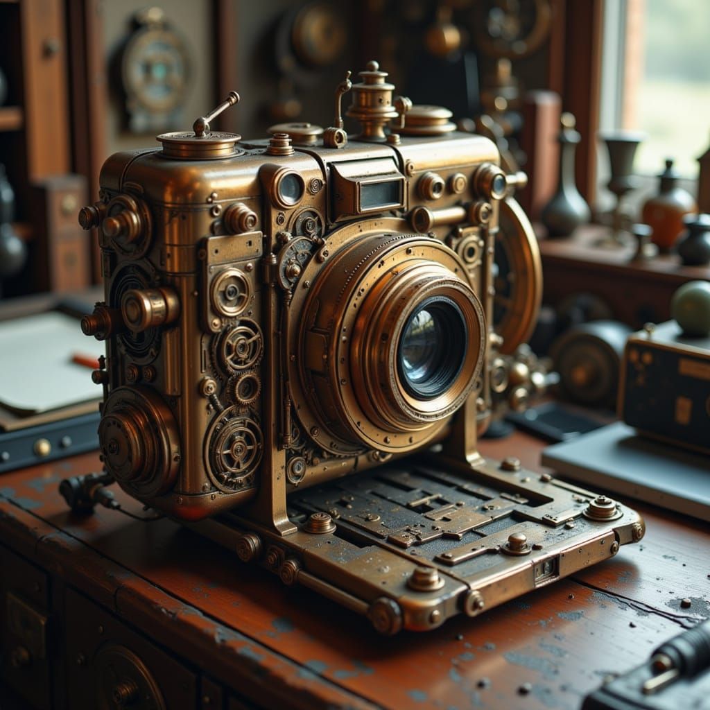 Steampunk Camera with Working Gears on Desk