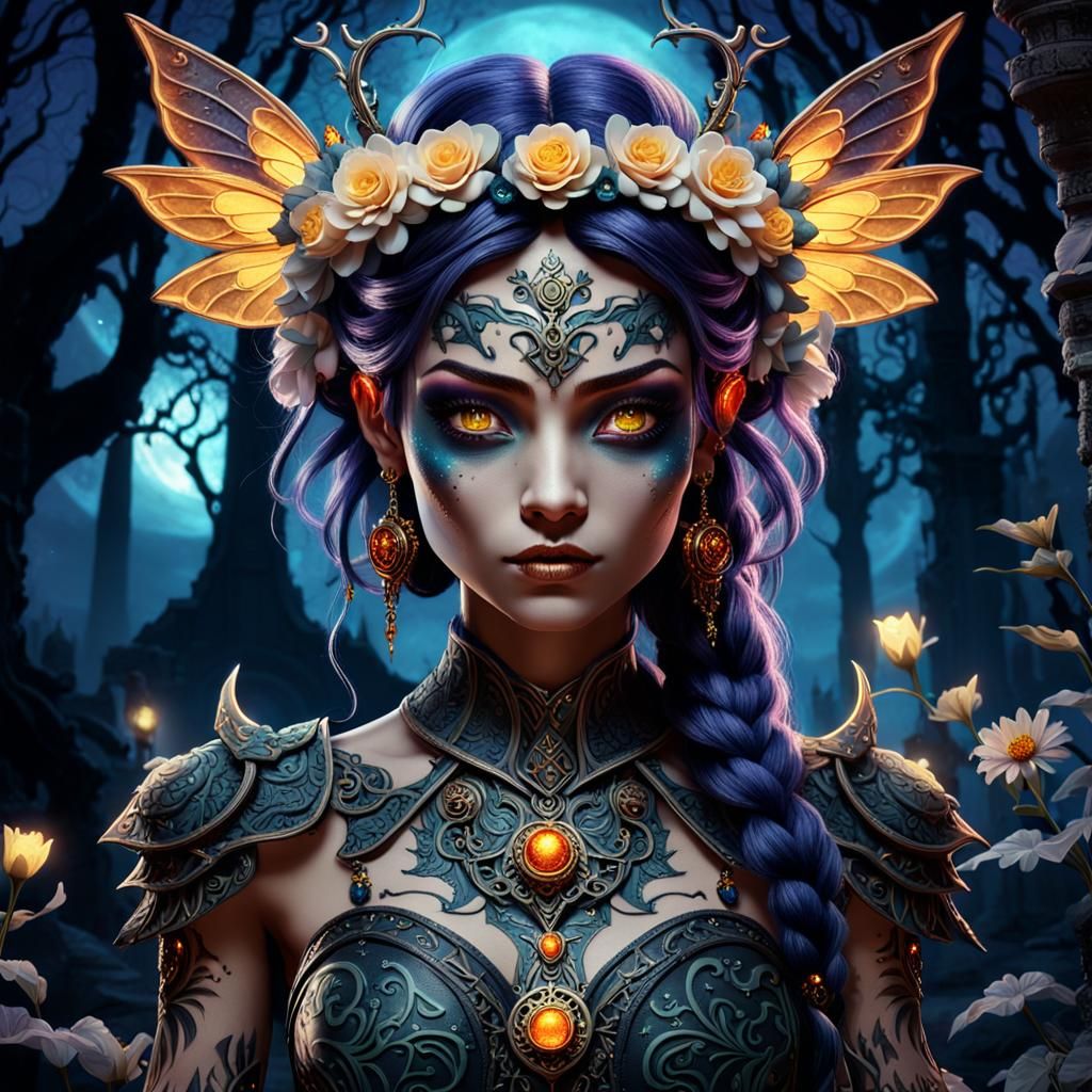 Fantasy Fae with Glowing Eyes in Gothic Forest