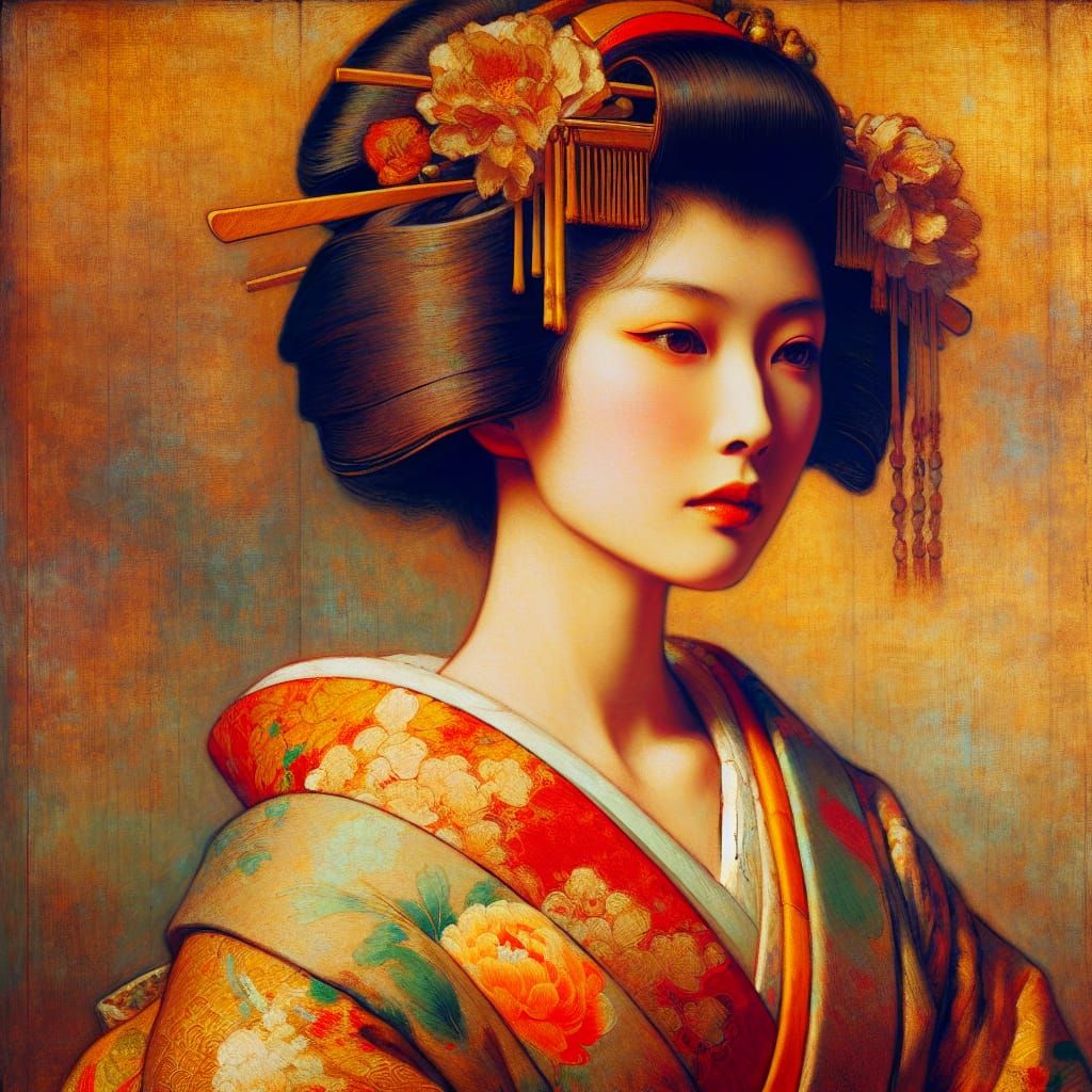 Traditional Japanese Woman in Oil Paint Style