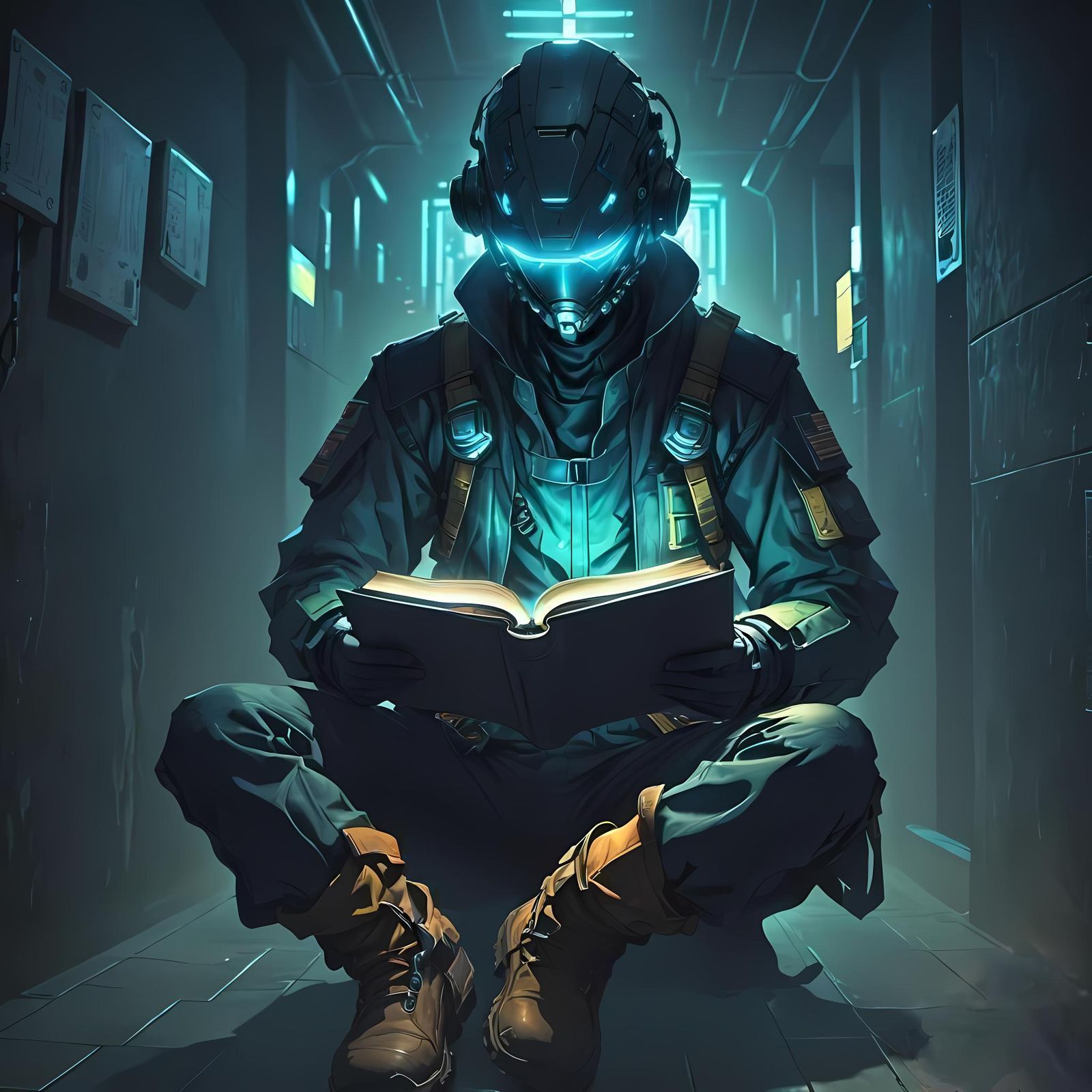 Man with Cybernetic Book in Anime Style