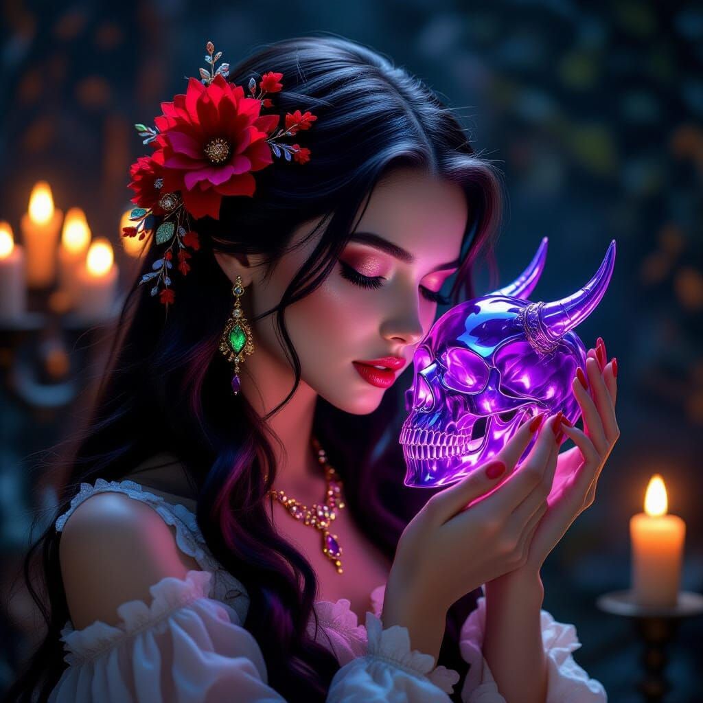 Mystical Lady Holds Crystal Skull in Ethereal Candlelit Room