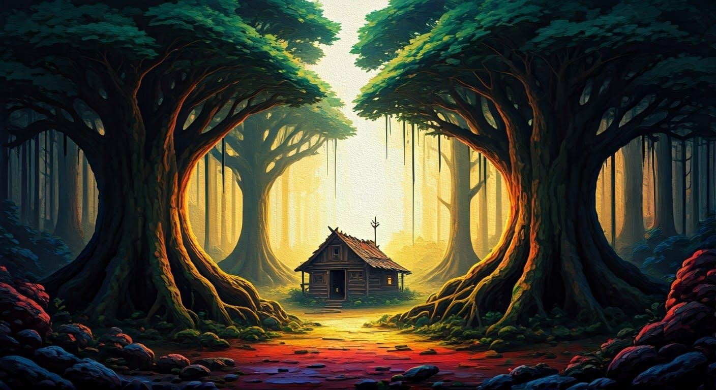 Surreal Ancient Forest in Vibrant Oil Painting Style