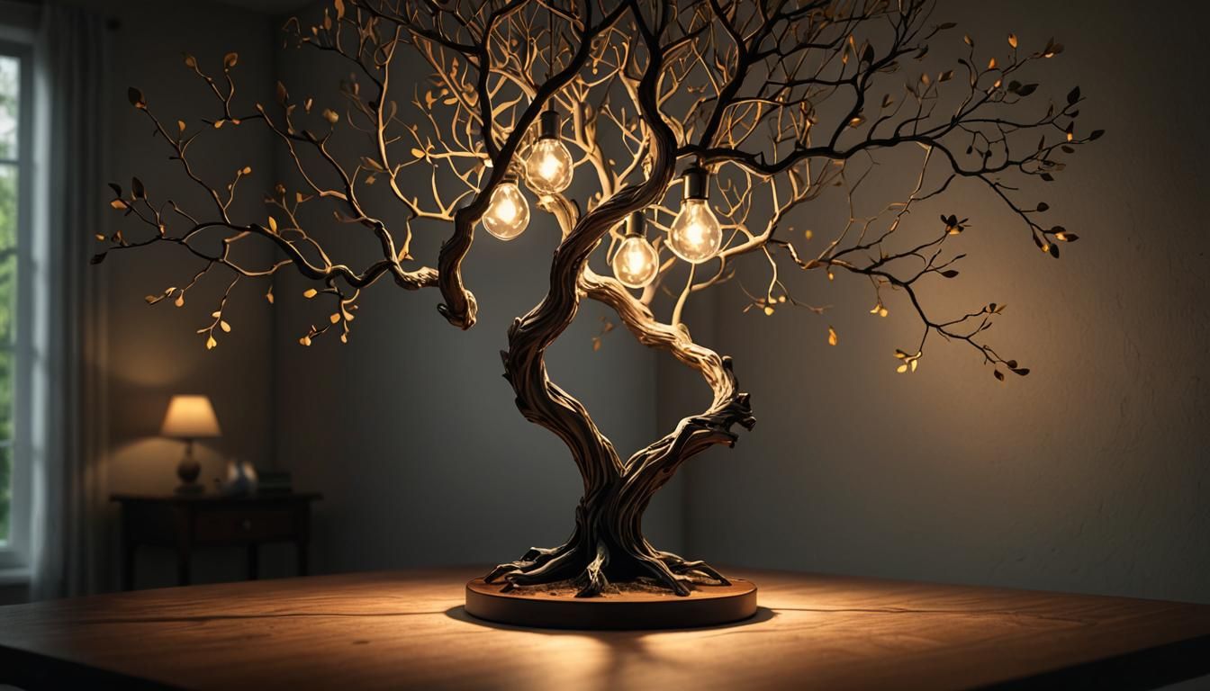 Tree Lamp with Glowing Branches in Hyper-Realistic Style