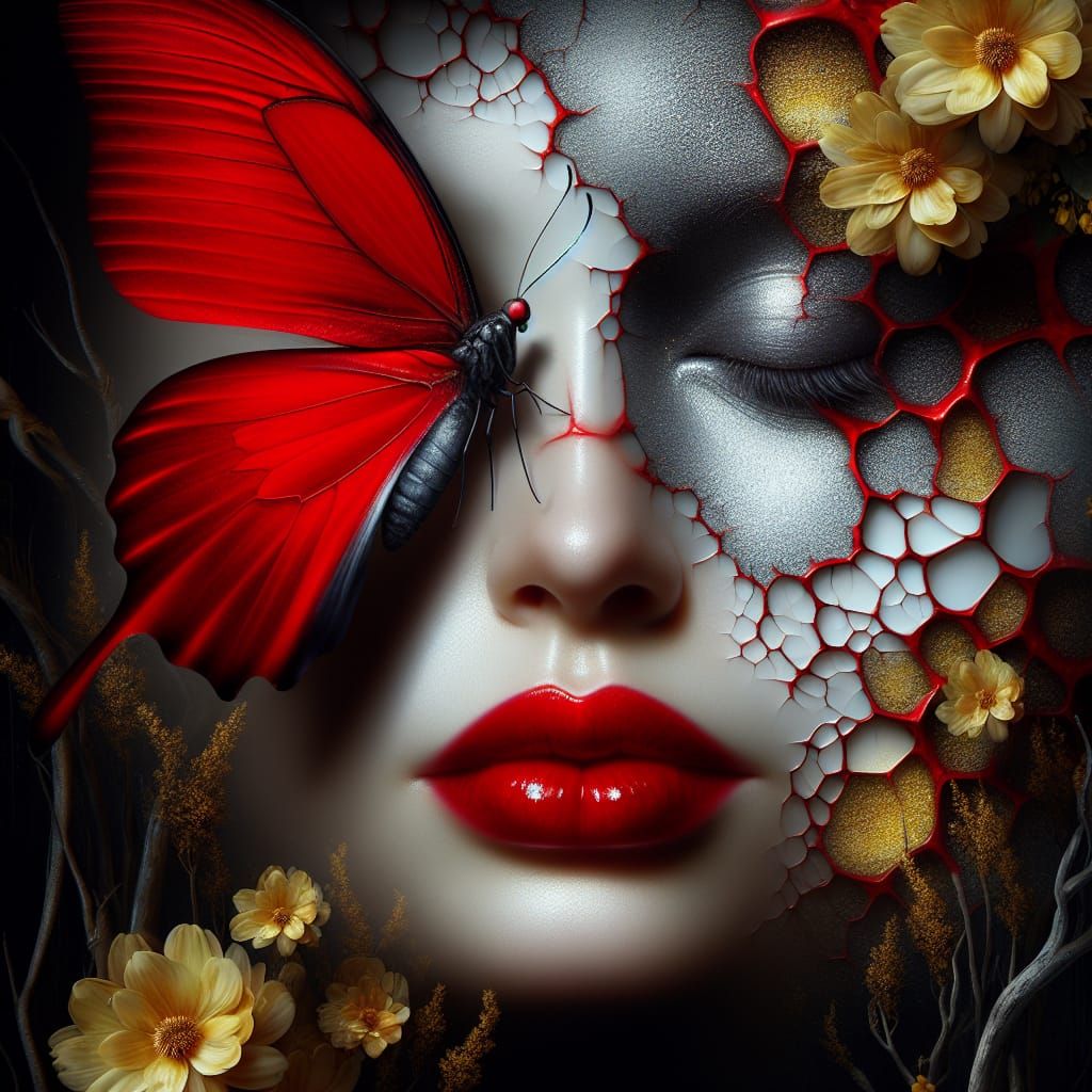 Surreal Digital Portrait of Enchanted Woman with Red Butterf...