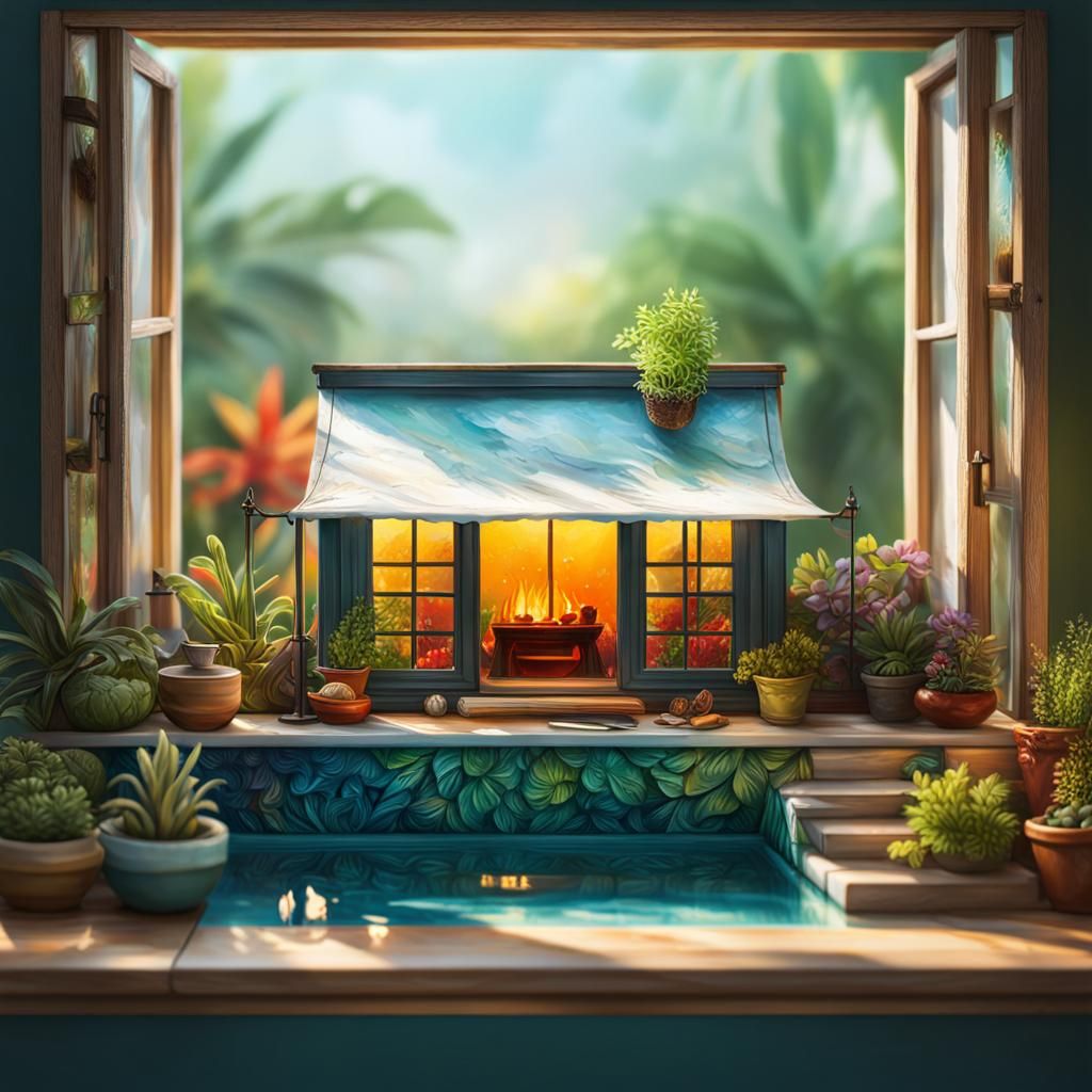 Hyperrealistic Miniature Garden with Tent and Pool