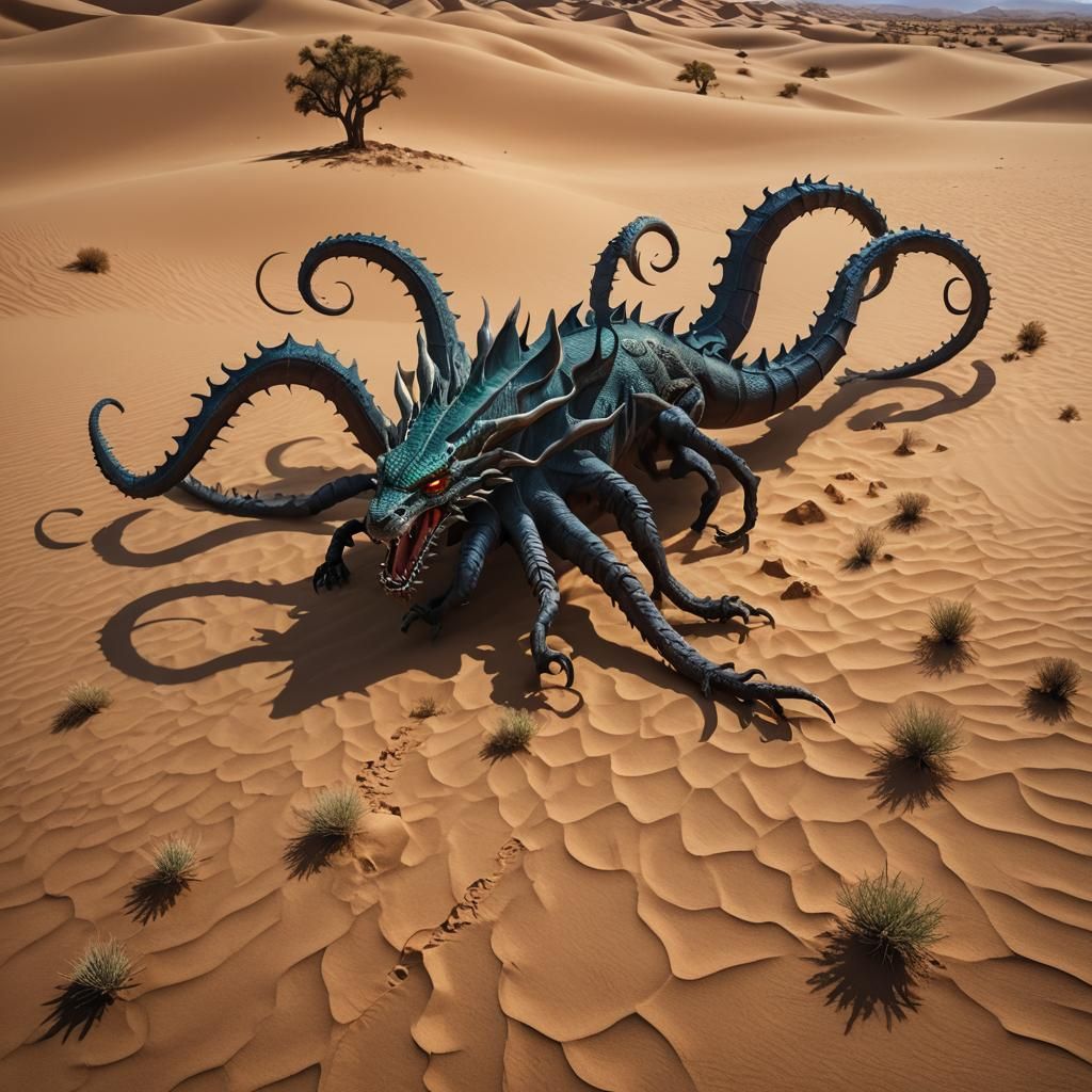 Six-Legged Dragon-Beast Navigates Arid Desert