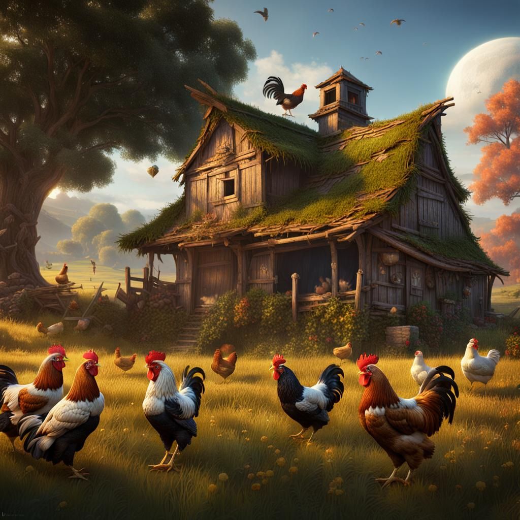 Farmhouse Scene with Chickens and Roosters
