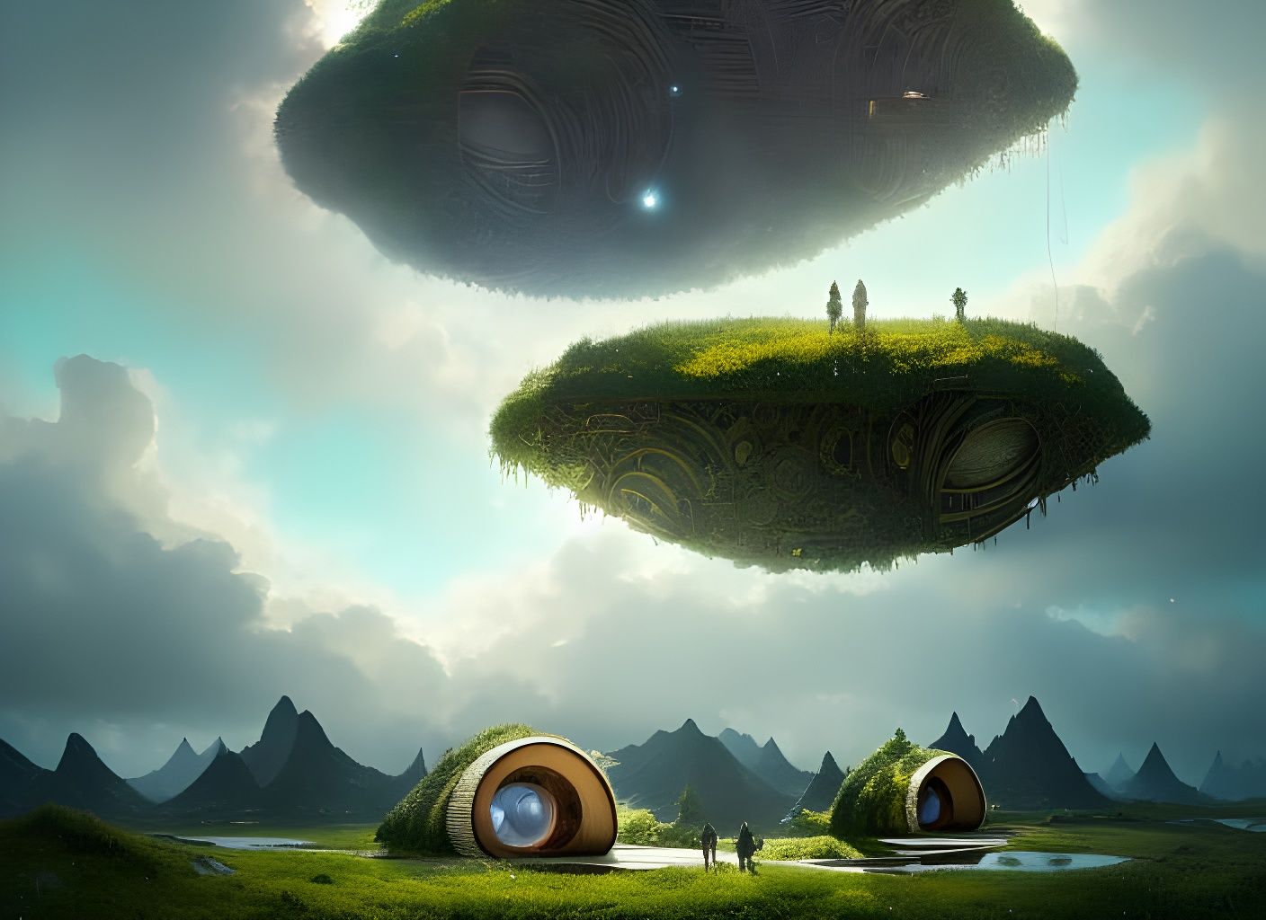 Anti-Gravity Hobbit House Pods in Fantasy Landscape