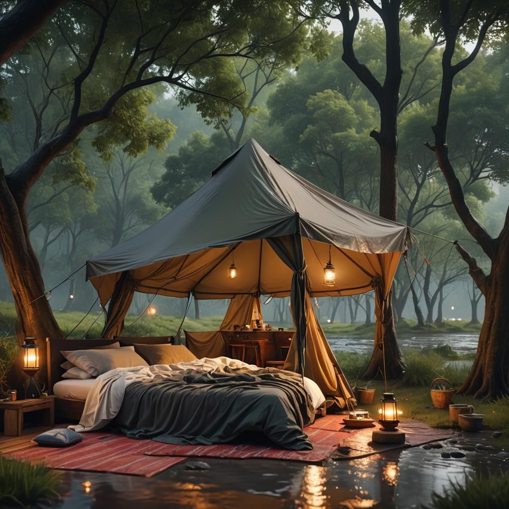 Cozy Tent Interior on a Rainy Day