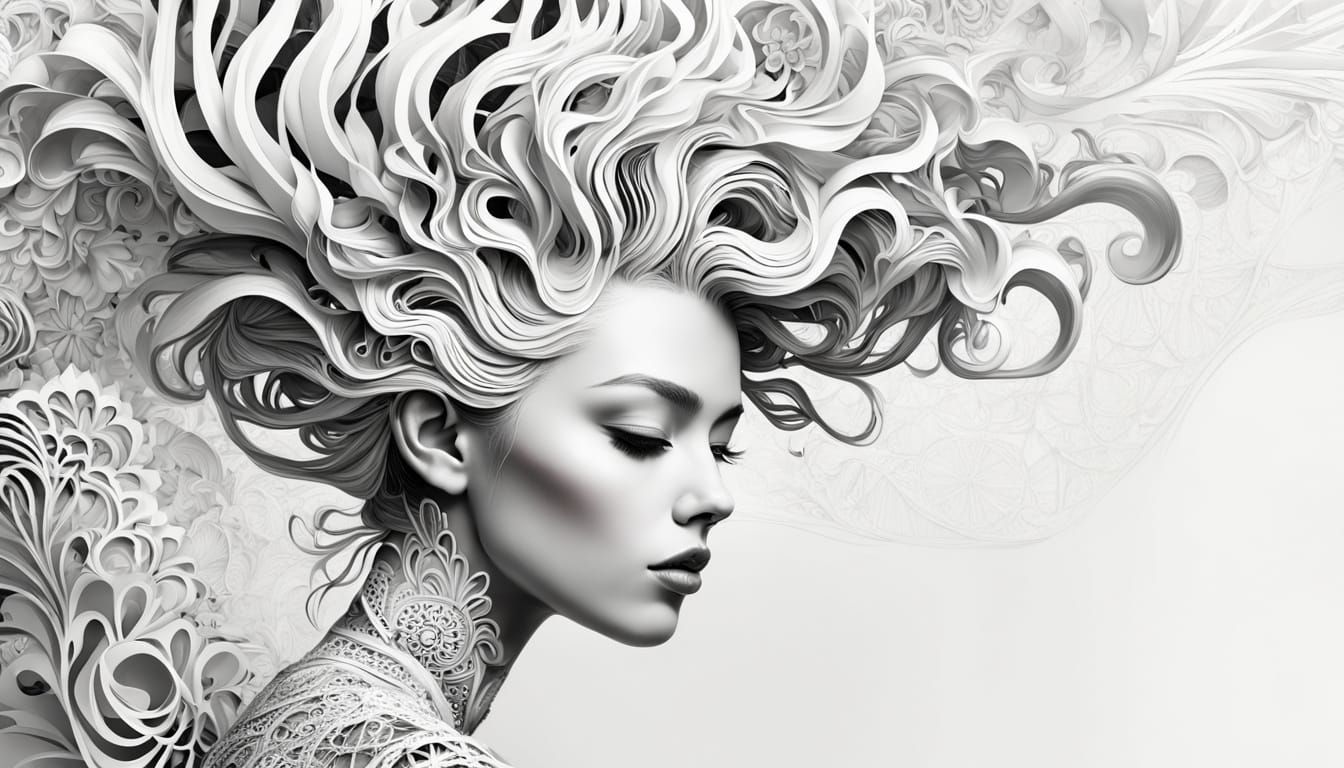 Minimalist White Fractal Art of Woman with Updo