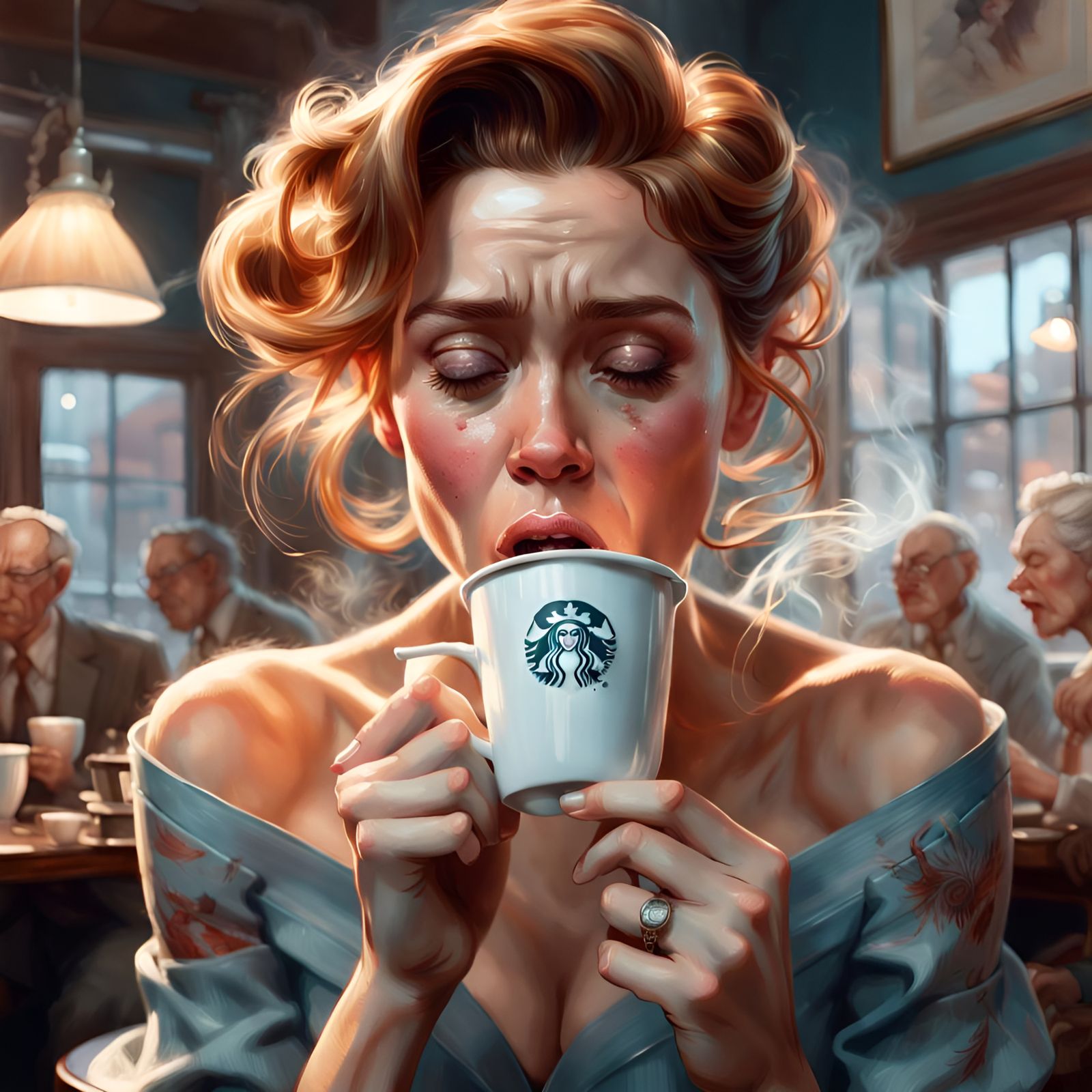 Beautiful Woman Coughing, Digital Art Portrait