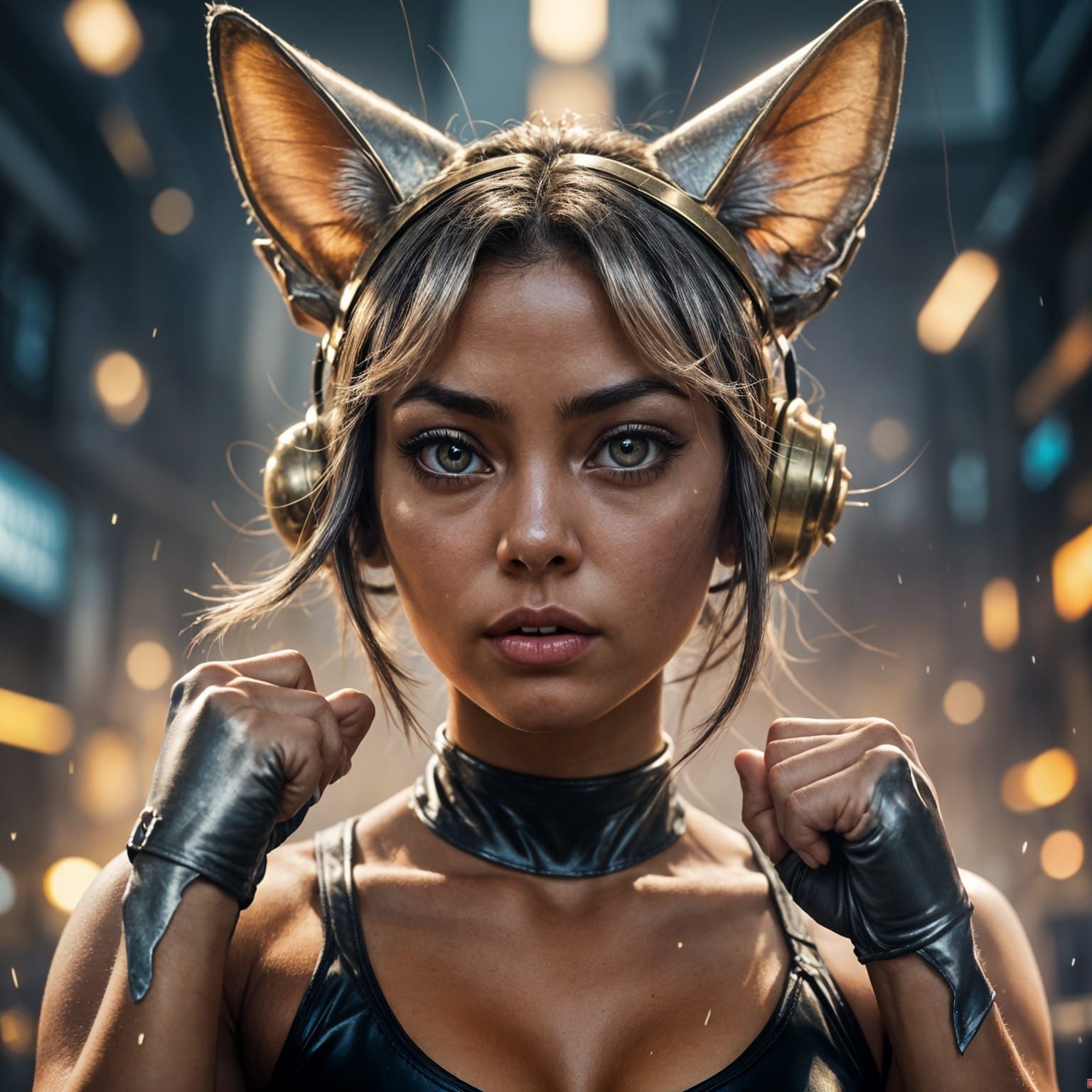 Girl with Meowth Ears in Spandex, Hyperrealistic Style