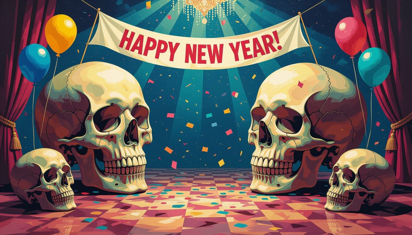 Giant Skulls Float in Ballroom: Impasto Style