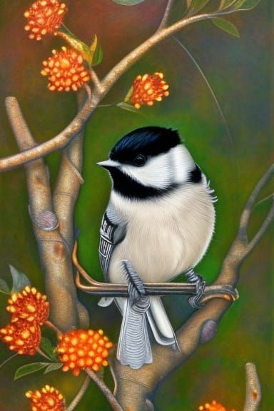 Ethereal Chickadee in Floral Tree, Oil Painting