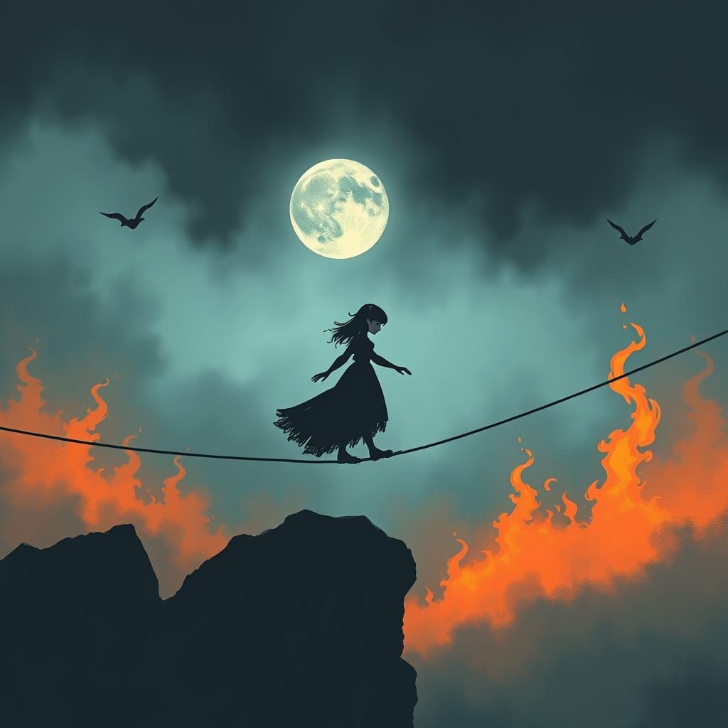 Emo Goth Tightrope Walker over Fiery Inferno