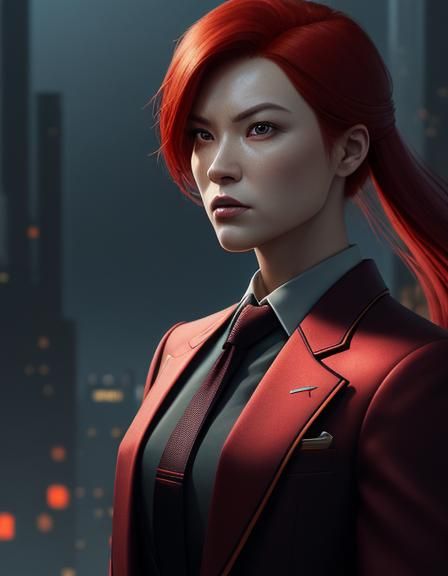 Sci-Fi Portrait of Red-Haired Human in Business Suit