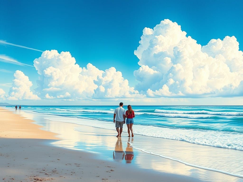 Romantic Sunset Beach Stroll in Vibrant Watercolor