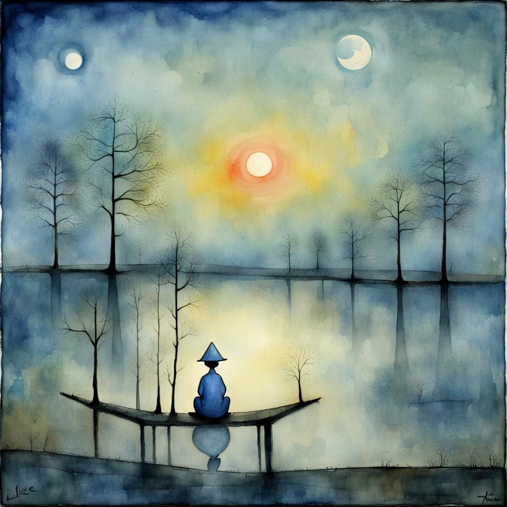 Contemplation: Watercolor Painting in Blue Hour