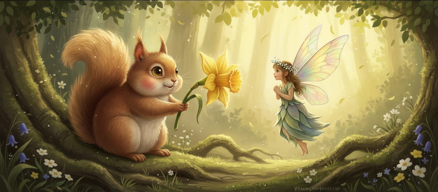 Squirrel Offers Flower to Fairy in Sunlit Forest Glade