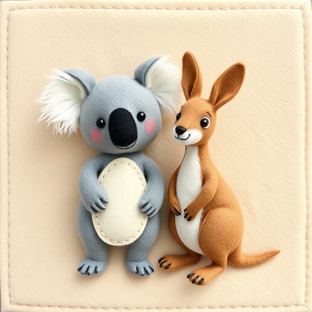 Whimsical Koala and Kangaroo in Felt Texture