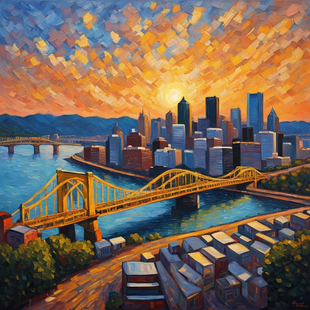 Neo-Impressionist Pittsburgh Cityscape at Golden Hour
