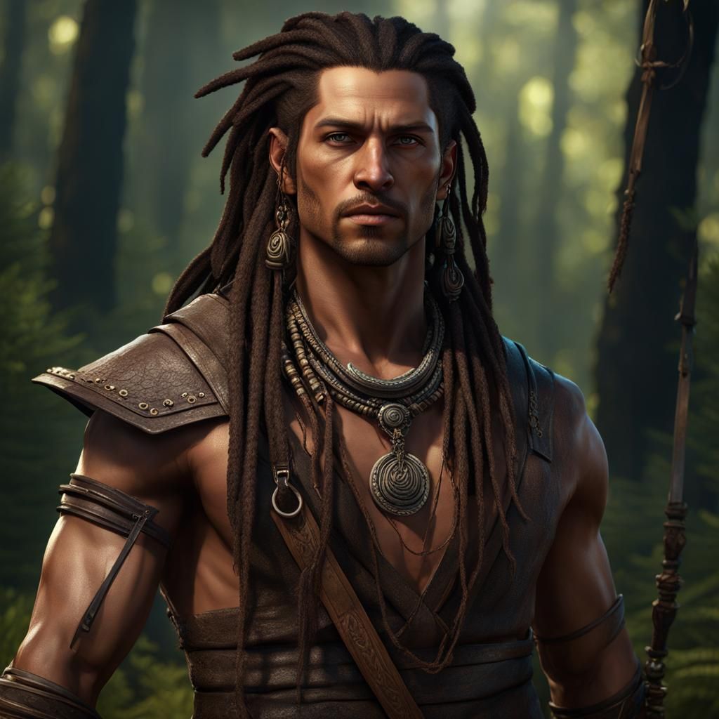 Tribal Warrior in Forest, Detailed Matte Painting