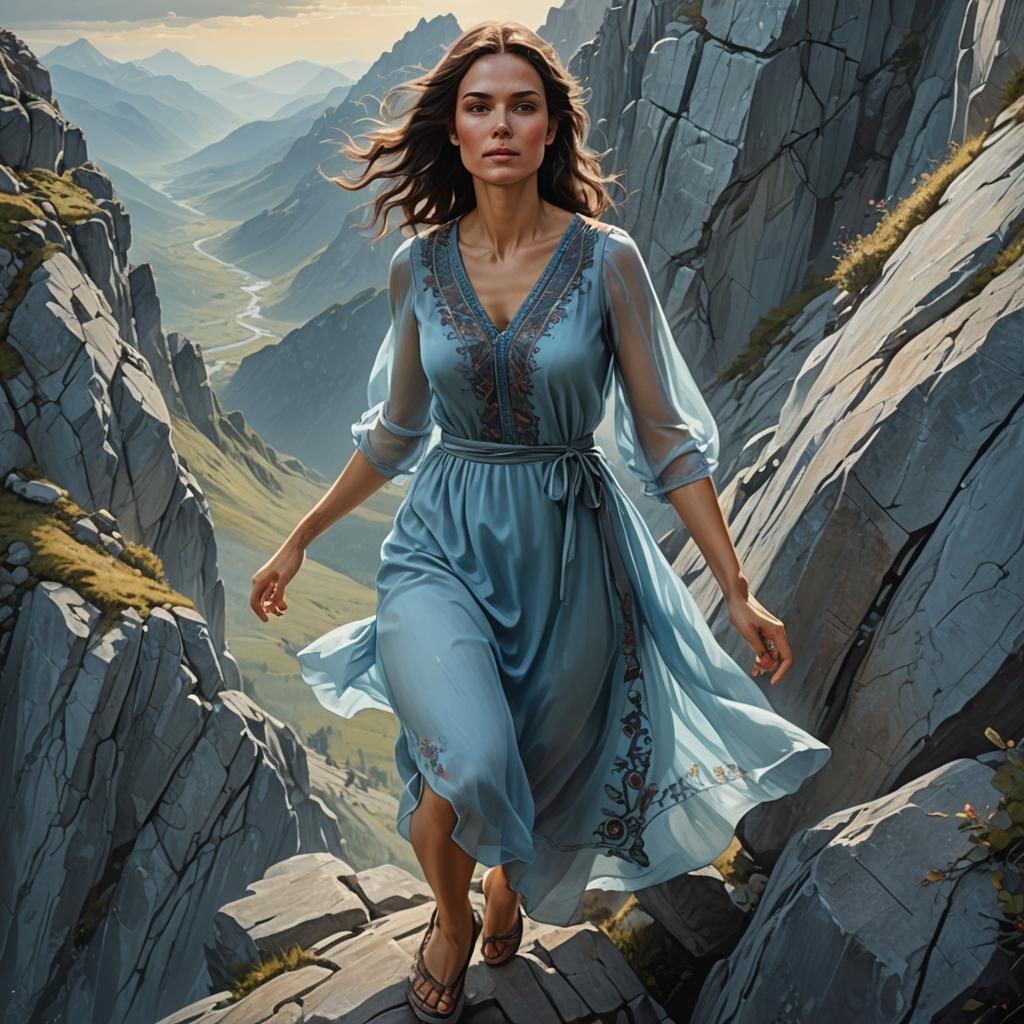 Polish Woman Climbing Mountains in Fantasy Style