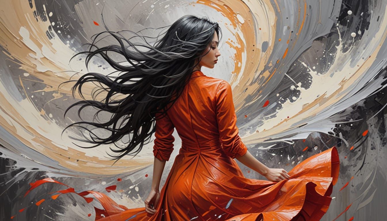 Textured Painting of Woman with Red Umbrella in Swirling Abs...