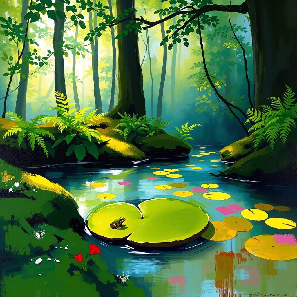 Tranquil Forest Pond with Frog in Abstract Expressionist Sty...