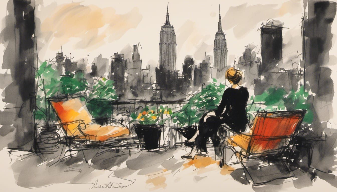 Woman Relaxing in Patio Garden With Skyline