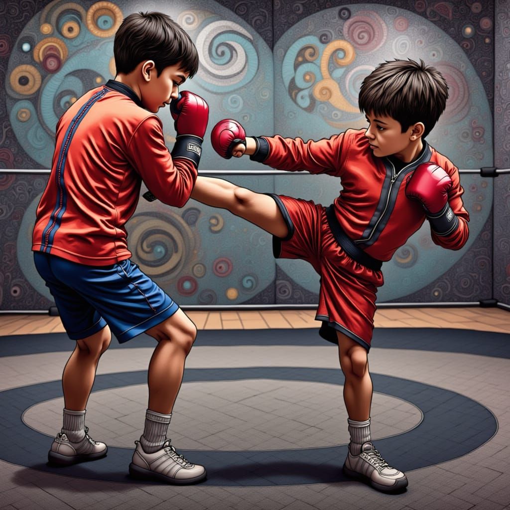 Zentangle Inspired Kick Boxing Scene with Young Athlete