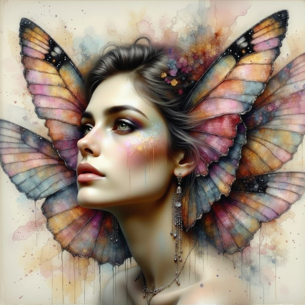 Surreal Portrait of a Woman with Butterfly Wing Hair