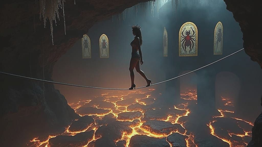 Dark Elf Queen on Tightrope Over Lava, Cinematic Film Still